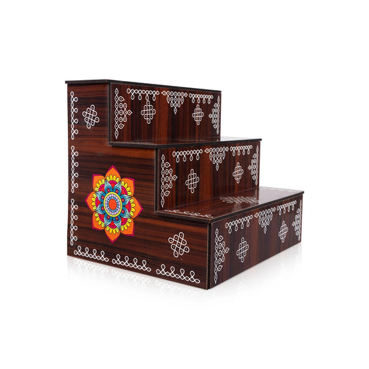 Kolam Design Golu Stand - 8 x 7.5 x 9 Inches | Wooden Golu Padi/ Golu Step/ 3 Steps Diya Stand for Navratri