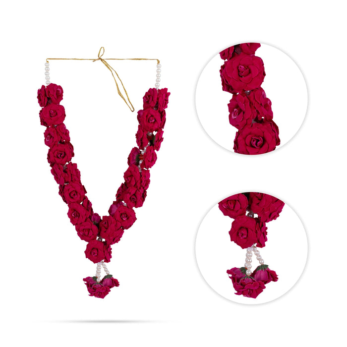 Rose With Moti Mala - 15 Inch | Artificial Flower Garland/ Rose Moti Mala For Deity Decor & Photo Frame