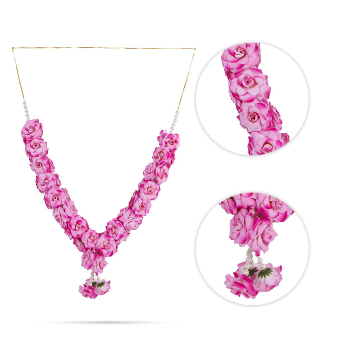 Rose With Moti Mala - 15 Inch | Artificial Flower Garland/ Rose Moti Mala For Deity Decor & Photo Frame