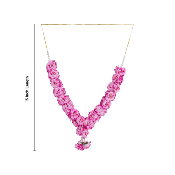Rose With Moti Mala - 15 Inch | Artificial Flower Garland/ Rose Moti Mala For Deity Decor & Photo Frame