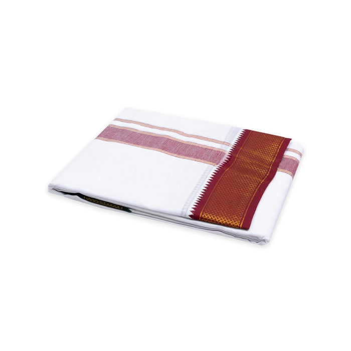 Veshti - 3.60 Mtr | 10 Kan Mayilkan Border Design Dhoti/ White Colour Vesti For Traditional Wear