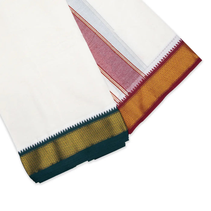 Cotton Veshti - 10 x 6 Yards | 10 Mayilkan Jari Border Design Vesti/ Half White Colour Dhoti for Men