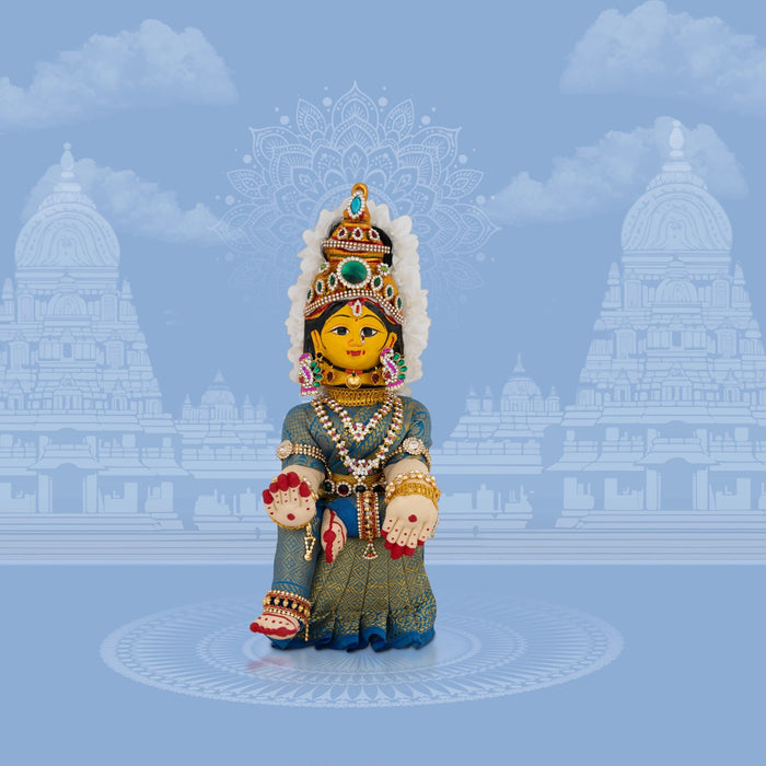 Decorated Varalakshmi Stand With Face- 14 X 5 Inches | Varalakshmi Decor/ Blue Ammavari Vigraham For Pooja