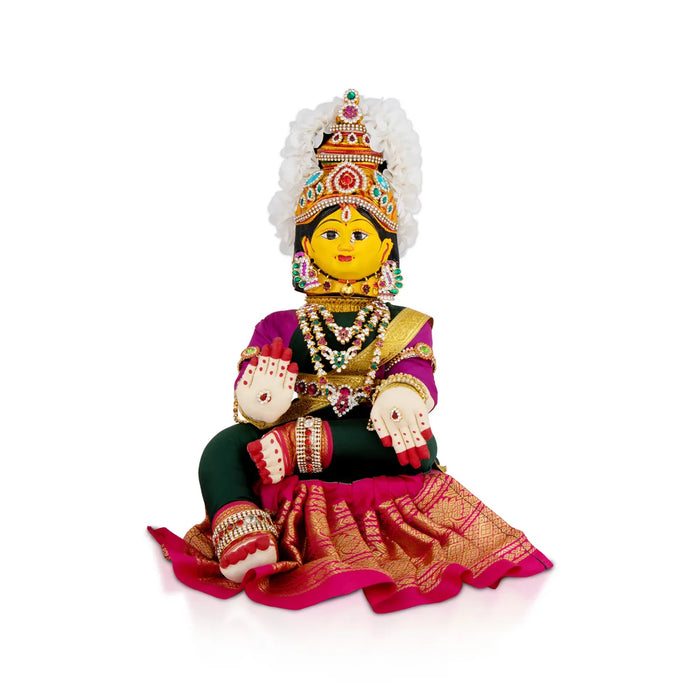 Varalakshmi Amman Set With Manai - Full Alankaram - Dark Green W Pink - 7 Inch