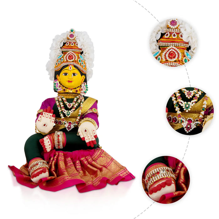 Varalakshmi Amman Set With Manai - Full Alankaram - Dark Green W Pink - 7 Inch