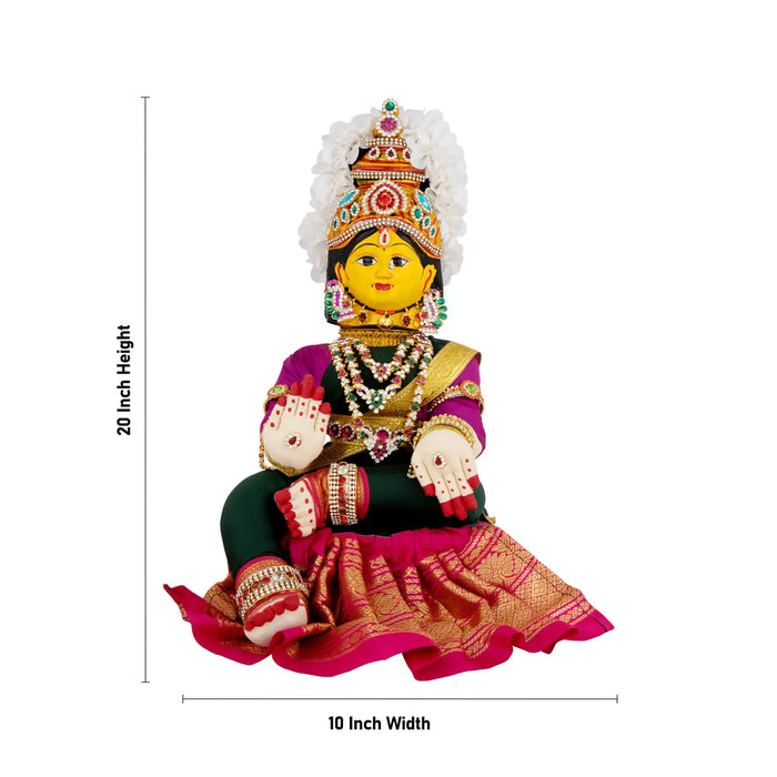 Varalakshmi Amman Set With Manai - Full Alankaram - Dark Green W Pink - 7 Inch