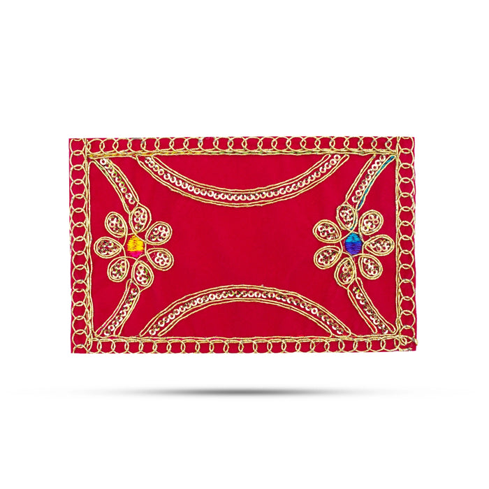 Pooja Aasan - 4 x 6 Inches | Velvet With Embroidery Design Mat / Chowki Cloth for Deity