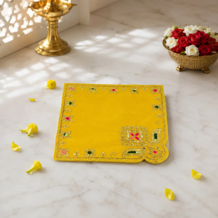 Pooja Aasan - 10 x 10 Inches | Velvet Pooja Mat/ Embroidery Aasan for Deity