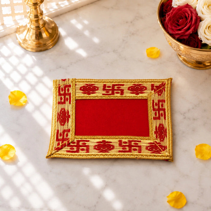 Pooja Aasan - 4 x 3 Inches | Velvet With Embossed Jari Design Mat/ Chowki Cloth for Deity