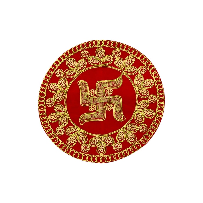 Fancy Round Asan - 5 Inches | Decorative Red Pooja Mat/ Chowki Cloth for Deity Idol