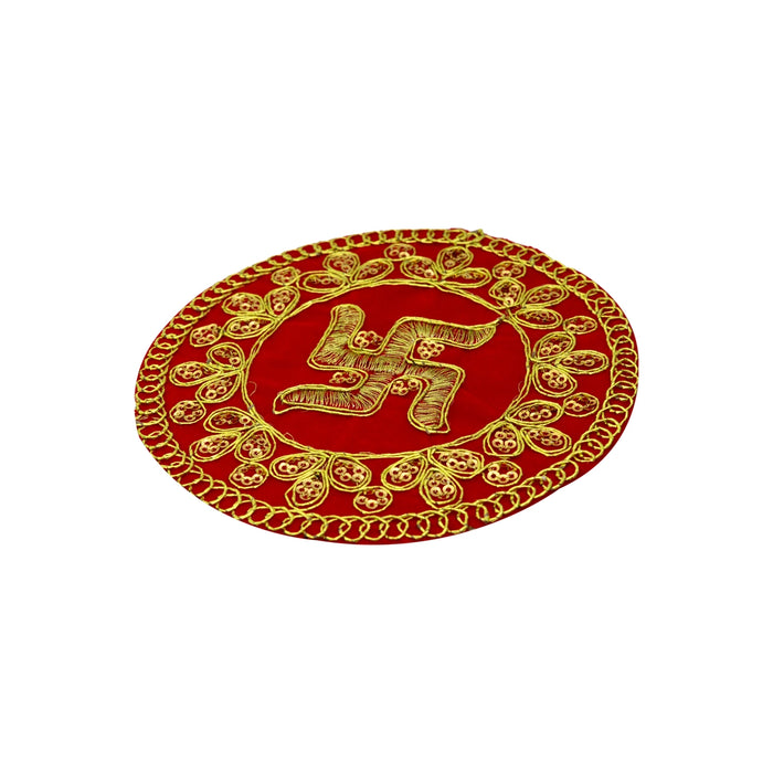 Fancy Round Asan - 5 Inches | Decorative Red Pooja Mat/ Chowki Cloth for Deity Idol