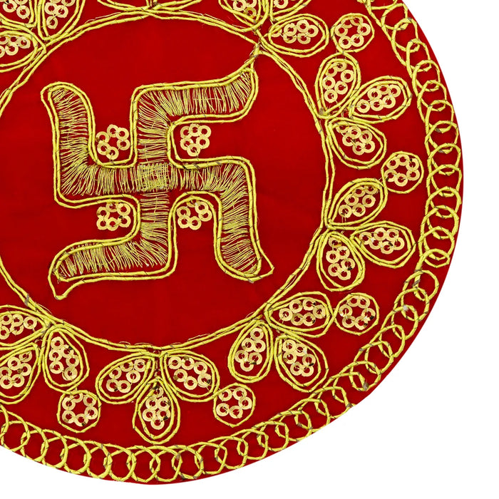 Fancy Round Asan - 5 Inches | Decorative Red Pooja Mat/ Chowki Cloth for Deity Idol