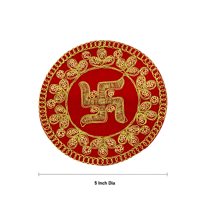 Fancy Round Asan - 5 Inches | Decorative Red Pooja Mat/ Chowki Cloth for Deity Idol