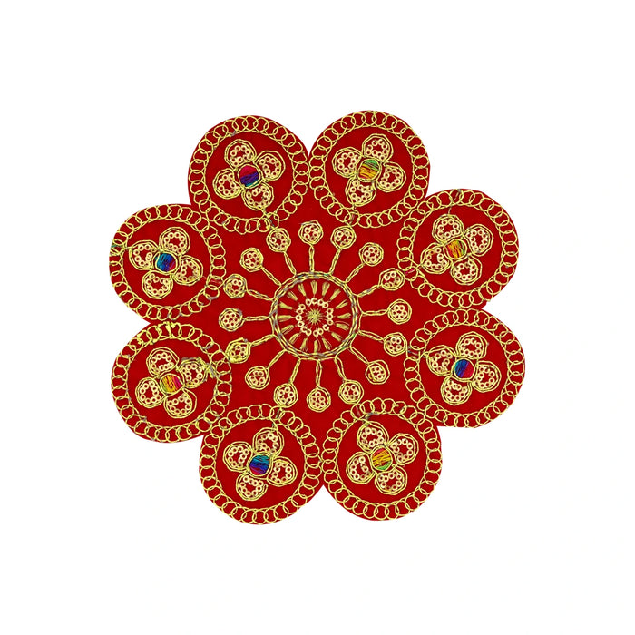 Pooja Mat - 7 Inches | Embroidery Design Fancy Aasan / Red Colour Aasan Mat for Deity