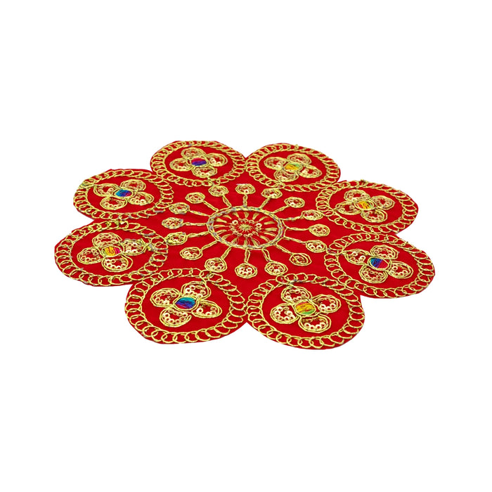 Pooja Mat - 7 Inches | Embroidery Design Fancy Aasan / Red Colour Aasan Mat for Deity
