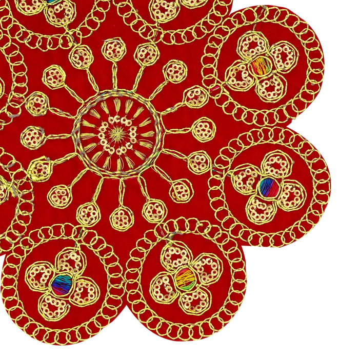 Pooja Mat - 7 Inches | Embroidery Design Fancy Aasan / Red Colour Aasan Mat for Deity