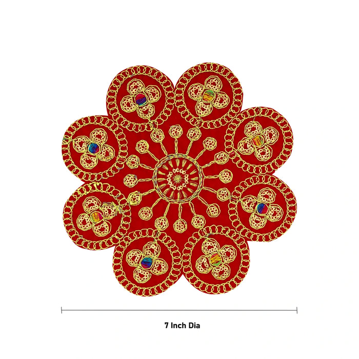 Pooja Mat - 7 Inches | Embroidery Design Fancy Aasan / Red Colour Aasan Mat for Deity