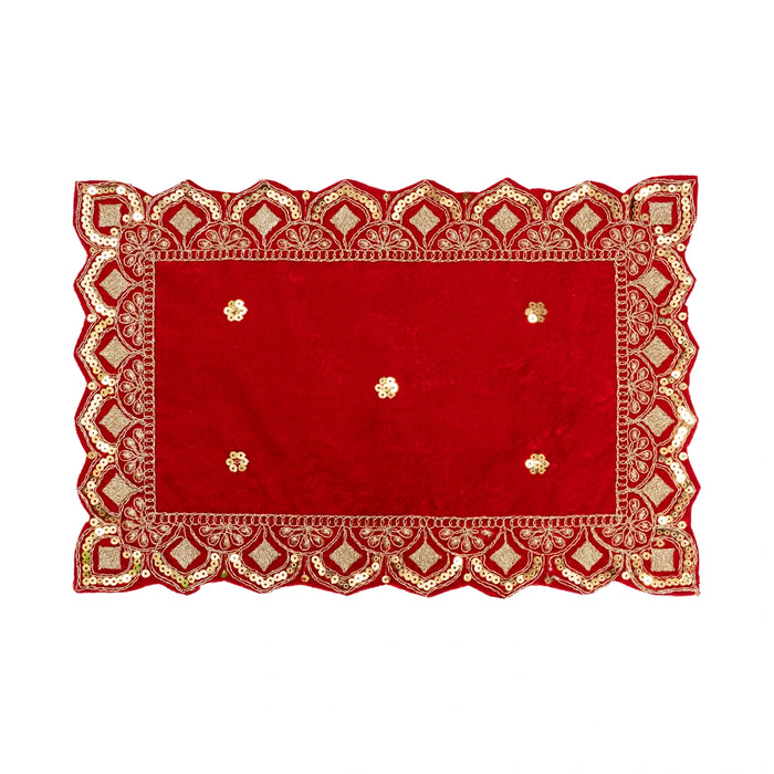 Decorative Asan - 10 x 15 Inches | Velvet Pooja Asan/ Red Embroidery Chowki Cloth for Deity Decor