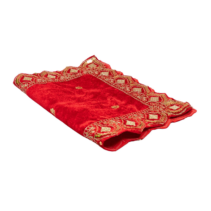 Decorative Asan - 10 x 15 Inches | Velvet Pooja Asan/ Red Embroidery Chowki Cloth for Deity Decor