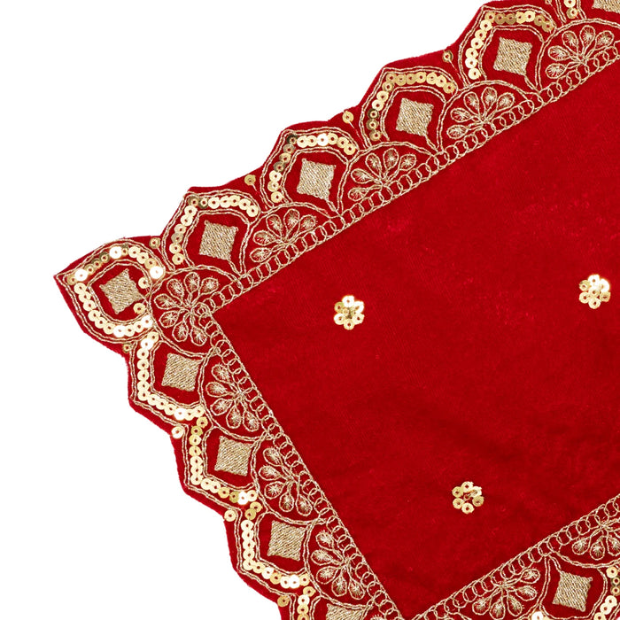 Decorative Asan - 10 x 15 Inches | Velvet Pooja Asan/ Red Embroidery Chowki Cloth for Deity Decor