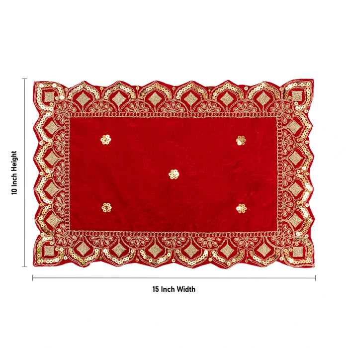Decorative Asan - 10 x 15 Inches | Velvet Pooja Asan/ Red Embroidery Chowki Cloth for Deity Decor