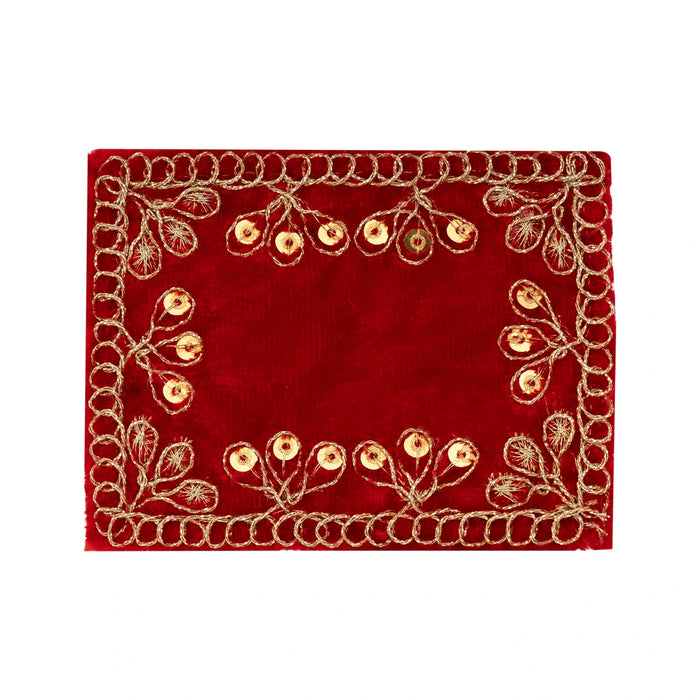 Red Embroidery Aasan - 3 x 4 Inches | Velvet Pooja Asan / Decorative Chowki Cloth for Kalash & Deity Decor