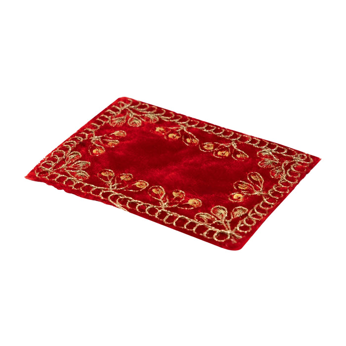 Red Embroidery Aasan - 3 x 4 Inches | Velvet Pooja Asan / Decorative Chowki Cloth for Kalash & Deity Decor