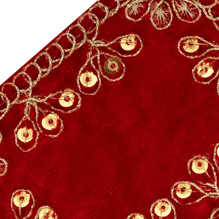 Red Embroidery Aasan - 3 x 4 Inches | Velvet Pooja Asan / Decorative Chowki Cloth for Kalash & Deity Decor