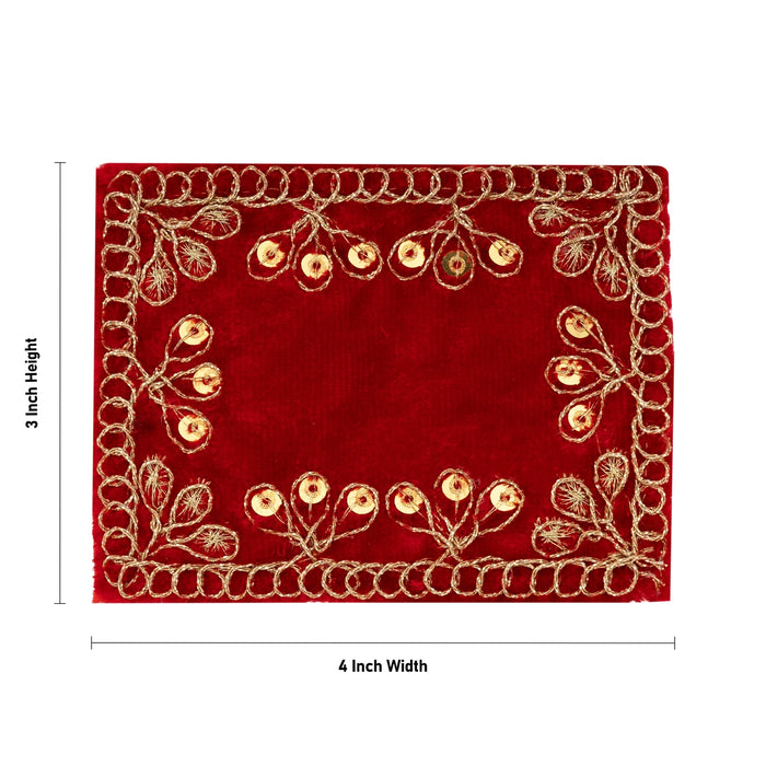 Red Embroidery Aasan - 3 x 4 Inches | Velvet Pooja Asan / Decorative Chowki Cloth for Kalash & Deity Decor