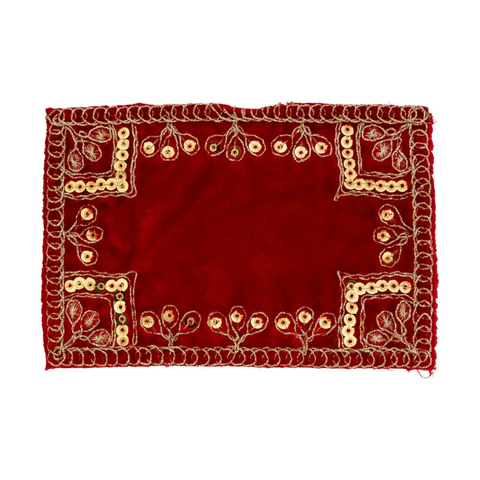 Fancy Aasan - 4 x 6 Inches | Embroidery Design Pooja Mat/ Red Colour Mat for Deity