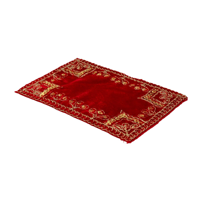 Fancy Aasan - 4 x 6 Inches | Embroidery Design Pooja Mat/ Red Colour Mat for Deity