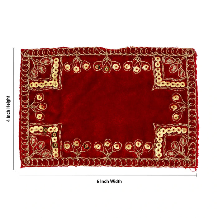 Fancy Aasan - 4 x 6 Inches | Embroidery Design Pooja Mat/ Red Colour Mat for Deity