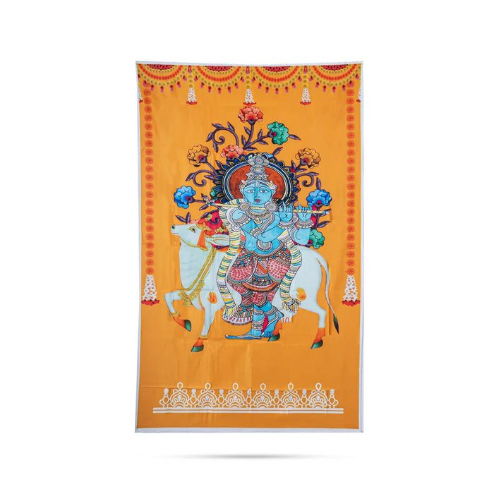 Pooja Room Screen - 3 X 5 Feet | Satin Curtain/ Temple Screen/ Cow Kamadhenu Design Pooja Curtain