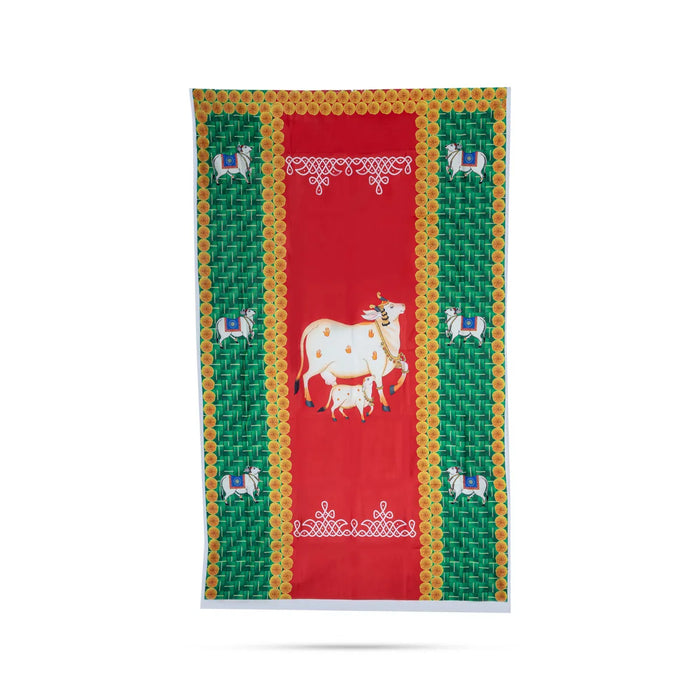 Pooja Room Screen - 3 X 5 Feet | Satin Curtain/ Temple Screen/ Cow Kamadhenu Design Pooja Curtain