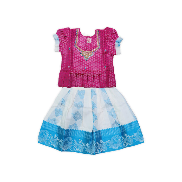 Kerala Cotton Pattu Pavadai Sattai Pair | Size 0/Traditional Dress/Skirt And Top For Baby Girls/Assorted Colour