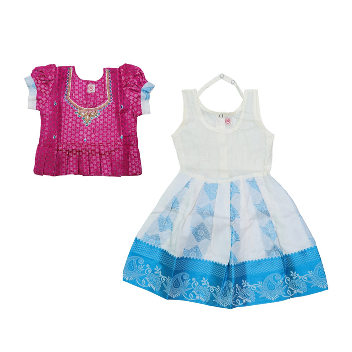 Kerala Cotton Pattu Pavadai Sattai Pair | Size 0/Traditional Dress/Skirt And Top For Baby Girls/Assorted Colour