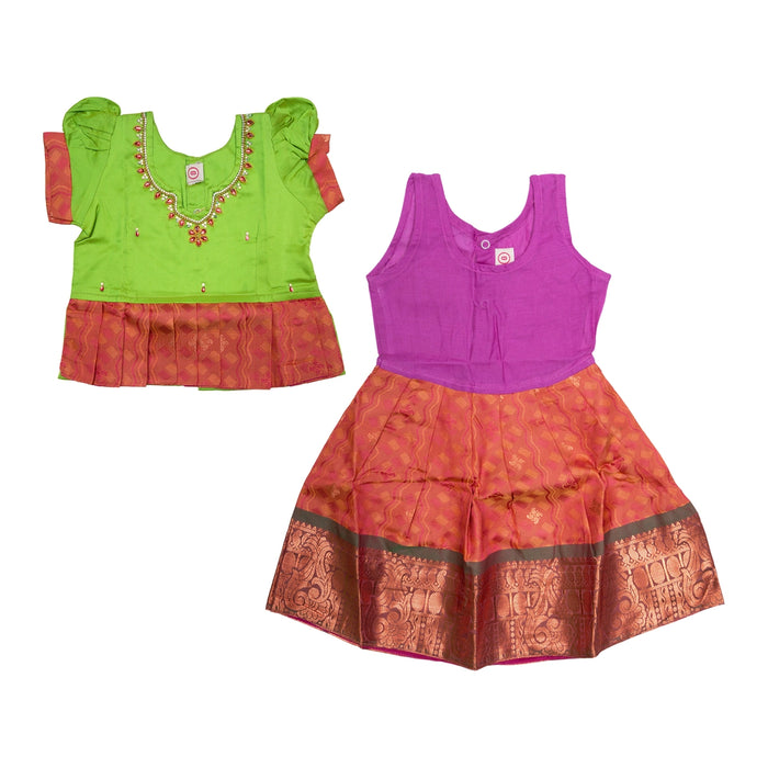Pattu Pavadai Sattai Pair - Size 0 | Jacquard Skirt And Top/Traditional Dress For Baby Girls/ Assorted Colour