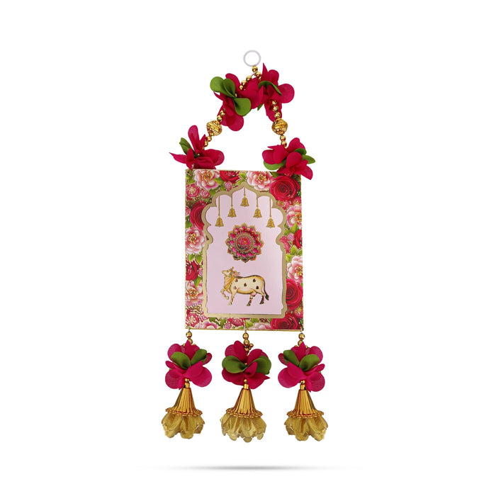 Floral Cow Motif Wall Hanging - 16 Inches | Decorative Door Hanging With Bells For Home Entrance & Pooja Decor