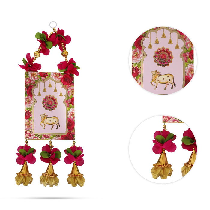 Floral Cow Motif Wall Hanging - 16 Inches | Decorative Door Hanging With Bells For Home Entrance & Pooja Decor