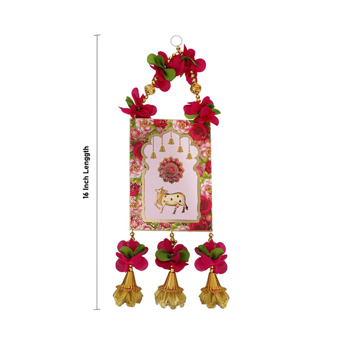 Floral Cow Motif Wall Hanging - 16 Inches | Decorative Door Hanging With Bells For Home Entrance & Pooja Decor