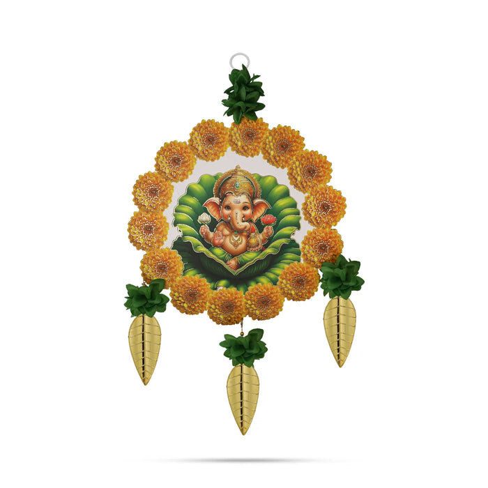 Ganesha Wall Hanging - 21.5 Inches | Artificial Flower Decor/ Leaf Design Hanging for Home Entrance & Puja Decor