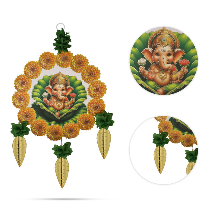 Ganesha Wall Hanging - 21.5 Inches | Artificial Flower Decor/ Leaf Design Hanging for Home Entrance & Puja Decor