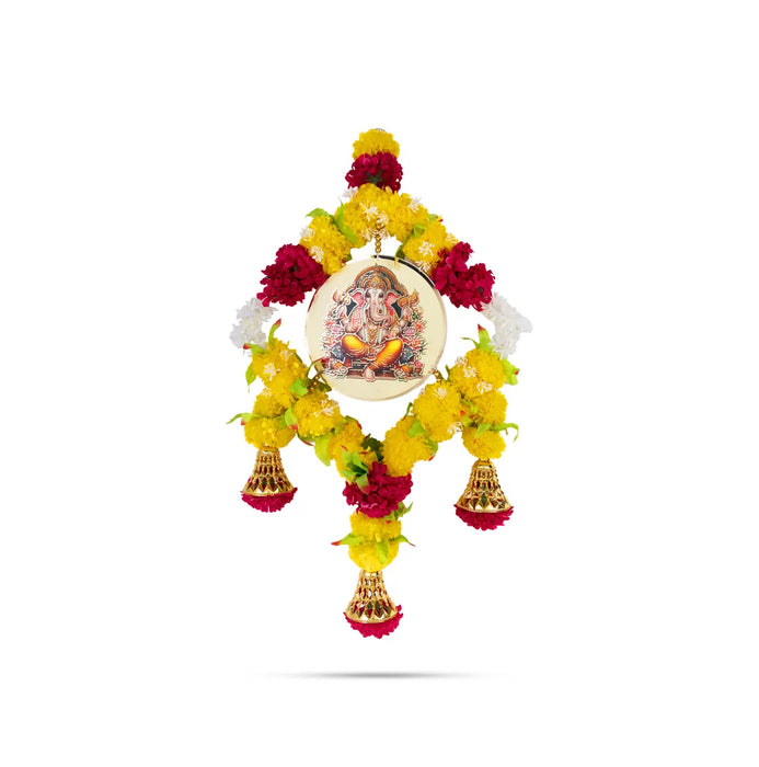 Ganesh Wall Hanging - 23 Inches | Floral Ring With Bells / Decorative Pooja Wall Decor For Home Entrance Door