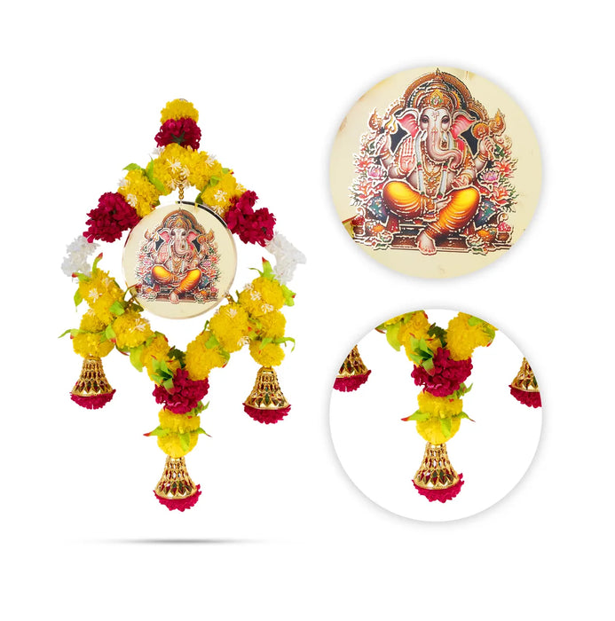Ganesh Wall Hanging - 23 Inches | Floral Ring With Bells / Decorative Pooja Wall Decor For Home Entrance Door