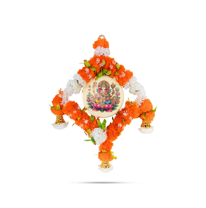 Ganesh Wall Hanging - 23 Inches | Floral Ring With Bells / Decorative Pooja Wall Decor For Home Entrance Door