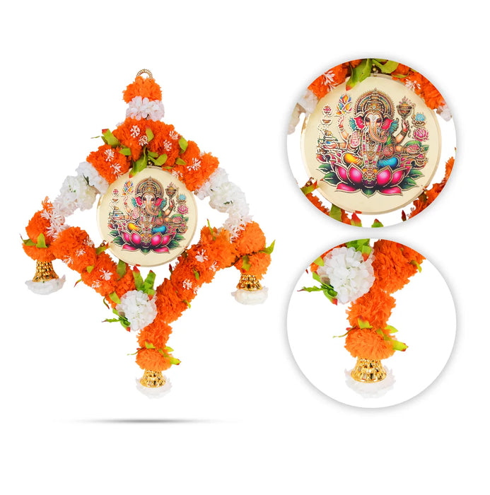 Ganesh Wall Hanging - 23 Inches | Floral Ring With Bells / Decorative Pooja Wall Decor For Home Entrance Door
