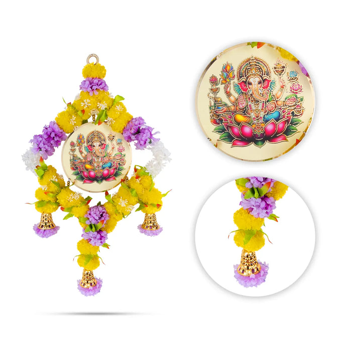 Ganesh Wall Hanging - 23 Inches | Floral Ring With Bells / Decorative Pooja Wall Decor For Home Entrance Door