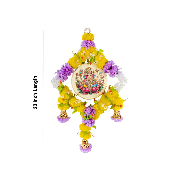 Ganesh Wall Hanging - 23 Inches | Floral Ring With Bells / Decorative Pooja Wall Decor For Home Entrance Door