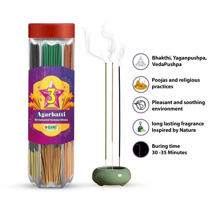 Giri Three Star Incense Sticks - 90 Sticks | 3 Star Agarbathi/ /8zaAgarbatti for Pooja