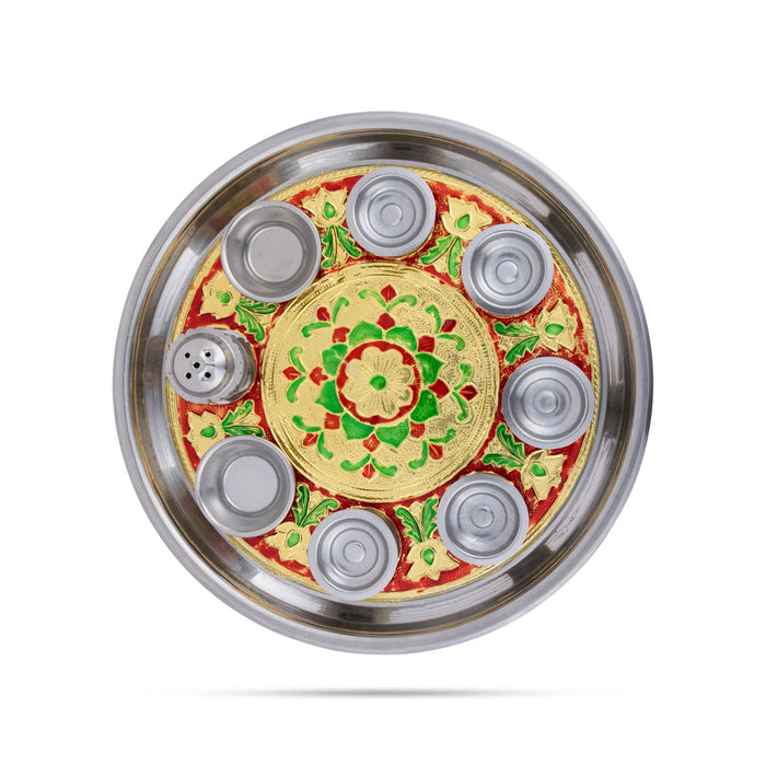 Thali Plate With 5 Diya- 12 Inches | Meenakari Design Pooja Plate/ Puja Aarti Plate For Marriage Aarti & Pooja